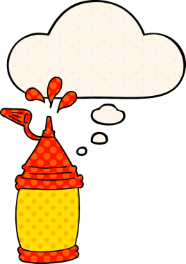 Çizgi roman tarzında bir insan tarafından çizilmiş düşünce baloncuklu ketçap şişesi.