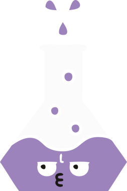 Bir insan tarafından çizilmiş bir bilim şişesinin düz renkli retro karikatürü