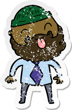 Bir insan tarafından çizilmiş şapka ve gömlekli sakallı bir adamın sıkıntılı çıkartması.