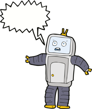 Bir insan tarafından çizilmiş konuşma balonlu komik robot.