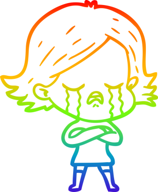 Gökkuşağı gradyan çizimi bir insan tarafından çizilmiş ağlayan bir çizgi kız çizimi