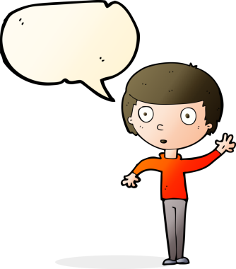 Bir insan tarafından çizilmiş konuşma balonu olan bir çizgi film çocuğu.