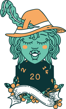 Retro Dövme Tarzı Şarkı Söyleyen Yarı Ork Ozan Bir insan tarafından çizilmiş doğal yirmi zar ile