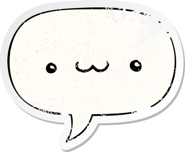 Konuşma baloncuğu olan mutlu çizgi film ifadesi bir insan tarafından çizilmiş sıkıntılı eski bir çıkartma