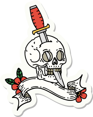 Bir insan tarafından çizilmiş kafatasının pankartıyla dövme stili etiketi