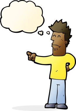 Bir insan tarafından çizilen düşünce baloncuğuyla işaret eden çizgi film adamı.