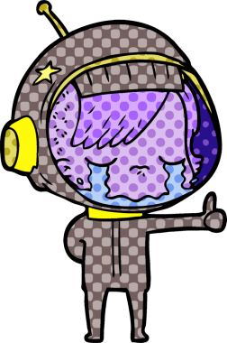 Çizgi film ağlayan astronot kız bir insan tarafından çizilmiş baş parmak işareti yapıyor.