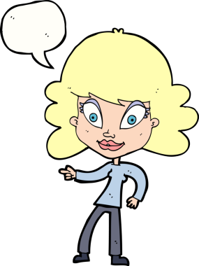 Bir insan tarafından çizilmiş bir konuşma balonuyla işaret eden çizgi film kadını.