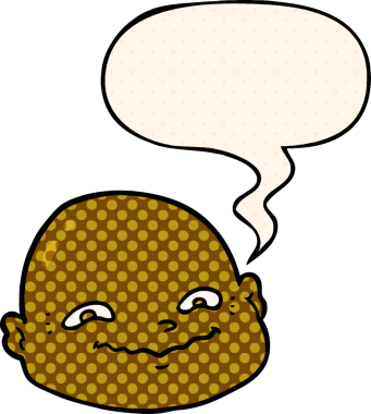 Bir insan tarafından çizilmiş çizgi roman tarzında konuşan kel bir adam.