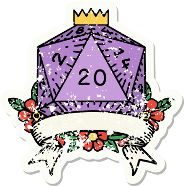 Bir insan tarafından çekilen 20 kritik vuruşluk D20 zar atımının grunge çıkartması.