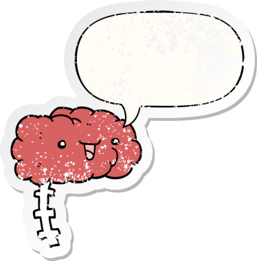 Konuşma baloncuğu olan mutlu çizgi film beyni bir insan tarafından çizilmiş sıkıntılı eski bir çıkartma