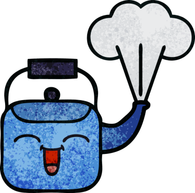 Bir insan tarafından çizilen dumanı tüten bir çaydanlığın retro grunge desenli karikatürü