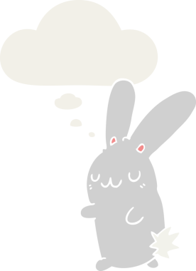 Bir insan tarafından çizilmiş düşünce baloncuklu sevimli çizgi film tavşanı.