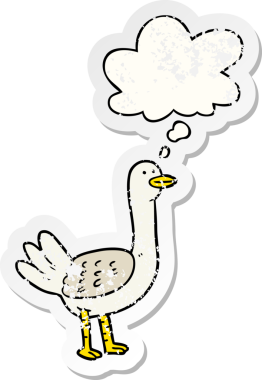 Düşünce baloncuğu olan çizgi film kuşu insan tarafından çizilmiş yıpranmış bir çıkartma gibi.