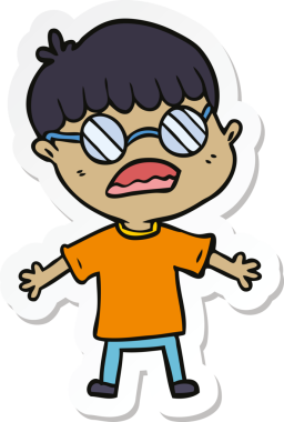 Bir insan tarafından çizilmiş gözlüklü bir çizgi film çocuğunun çıkartması.