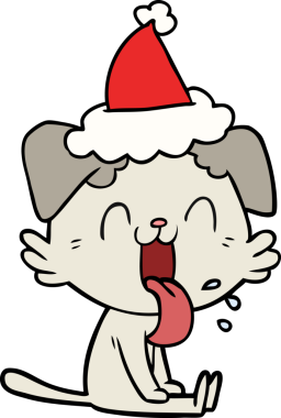 Bir insan tarafından çizilmiş Noel Baba şapkası giymiş nefes nefese bir köpeğin çizimi.