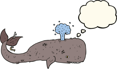 Bir insan tarafından çizilmiş düşünce baloncuklu çizgi film balinası