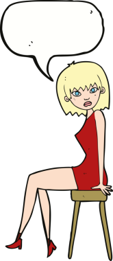 Bir insan tarafından çizilmiş bir konuşma balonuyla taburede oturan karikatür kadın.