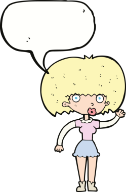 Bir insan tarafından çizilmiş bir konuşma balonuyla el sallayan çizgi film kadını.