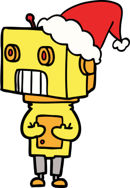 Bir insan tarafından çizilmiş Noel Baba şapkası giyen bir robotun el çizimi.