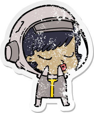 Utangaç bir çizgi film karakterinin sıkıntılı çıkartması. Bir insan tarafından çizilmiş güzel astronot kız.