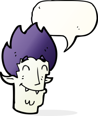 Bir insan tarafından çizilmiş konuşma balonlu mutlu vampir kafası.