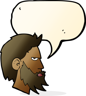 Bir insan tarafından çizilmiş konuşma balonlu sakallı bir karikatür adam.