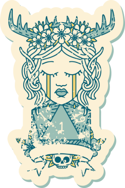 Retro Dövme Tarzı Üzgün Elf Karakteri Yüzü Doğal bir D20 ruloyla Bir insan tarafından çizilmiş