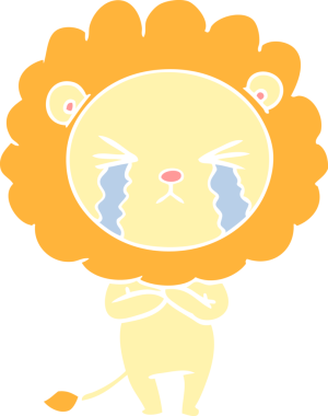 Bir insan tarafından çizilmiş düz renkli karikatür ağlayan aslan