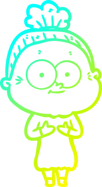 Bir insan tarafından çizilmiş, mutlu, yaşlı bir kadının çizimi.