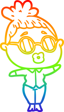 Bir insan tarafından çizilmiş gözlük takan bir karikatür kadının çizimi.