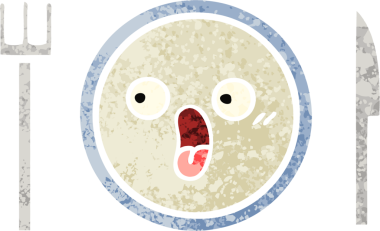 Bir insan tarafından çizilmiş yemek tabağının retro çizim tarzı karikatürü.