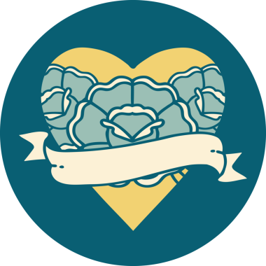 İkonik dövme stili bir kalp ve bir insan tarafından çizilmiş çiçekli pankart.