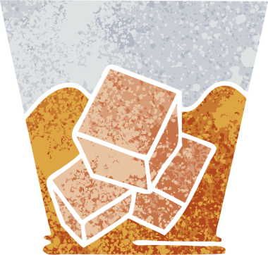 Bir insan tarafından çizilmiş retro illüstrasyon tarzı tuhaf çizgi film viskisi ve buzu.