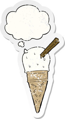 Düşünce baloncuklu çizgi film dondurması insan tarafından çizilmiş yıpranmış bir çıkartma gibi.