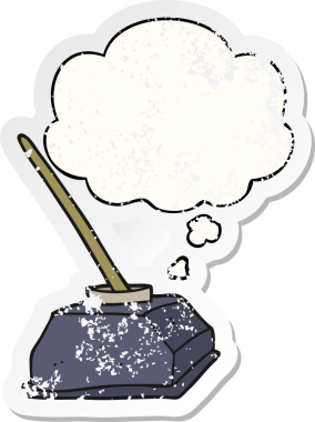 Karikatür eski mürekkep küpü ve düşünce baloncuklu kalem insan tarafından çizilmiş yıpranmış bir çıkartma.