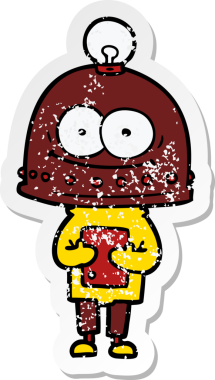 Bir insan tarafından çizilmiş ampullü mutlu bir robot çıkartması.