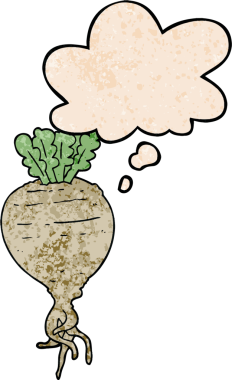 bir insan tarafından çizilmiş grunge desen biçiminde düşünce baloncuğu olan karikatür kökü sebzesi