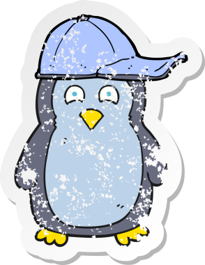 Bir insan tarafından çizilmiş şapka giyen penguen çizgi filminin gerilimli yapıştırması.