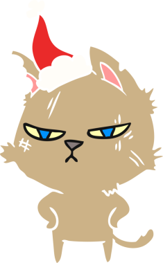 sert el çizimi düz renk çizimi Noel Baba şapkası takan bir kedinin bir insan tarafından çizilmiş