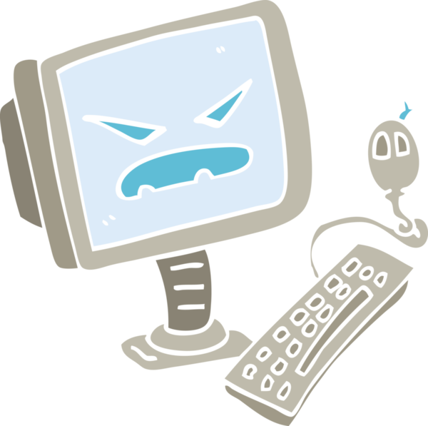 Bir insan tarafından çizilmiş düz renkli karikatür şeytani bilgisayar