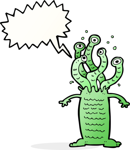 Bir insan tarafından çizilmiş konuşma balonlu çizgi film canavarı.