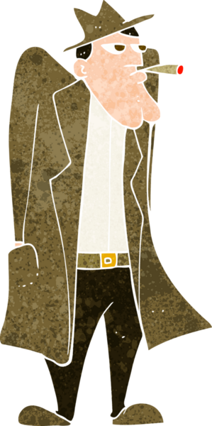 Bir insan tarafından çizilmiş şapkalı ve trençkotlu bir adam.