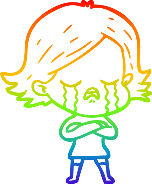 Gökkuşağı gradyan çizimi bir insan tarafından çizilmiş ağlayan bir çizgi kız çizimi