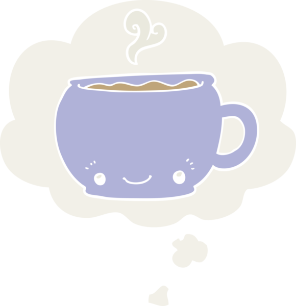 Düşünce baloncuklu bir fincan sıcak kahve insan tarafından çizilmiş.