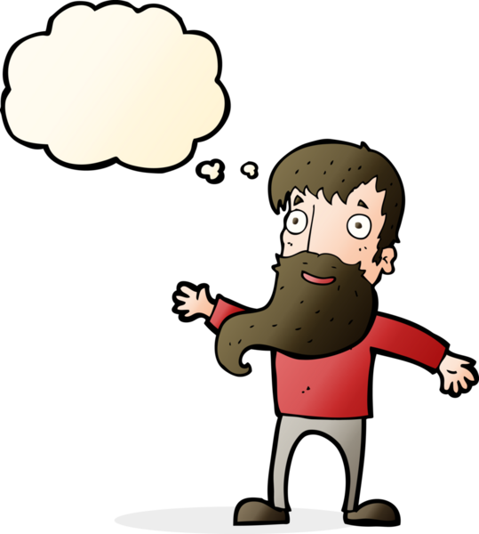 Bir insan tarafından çizilmiş düşünce baloncuğuyla sakallı bir çizgi film adamı.