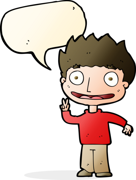 Bir insan tarafından çizilmiş konuşma balonu olan mutlu bir çocuk.