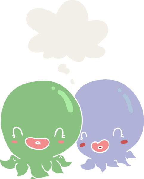 Düşünce baloncuğu olan iki ahtapot insan tarafından çizilmiş.