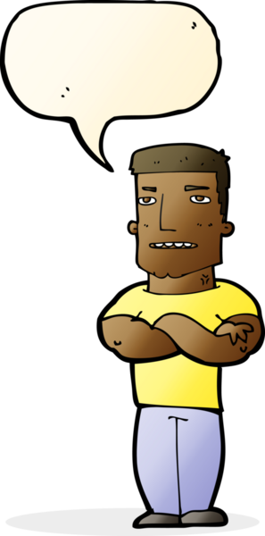 Bir insan tarafından çizilmiş, kolları katlanmış, konuşma balonlu sert çocuk.