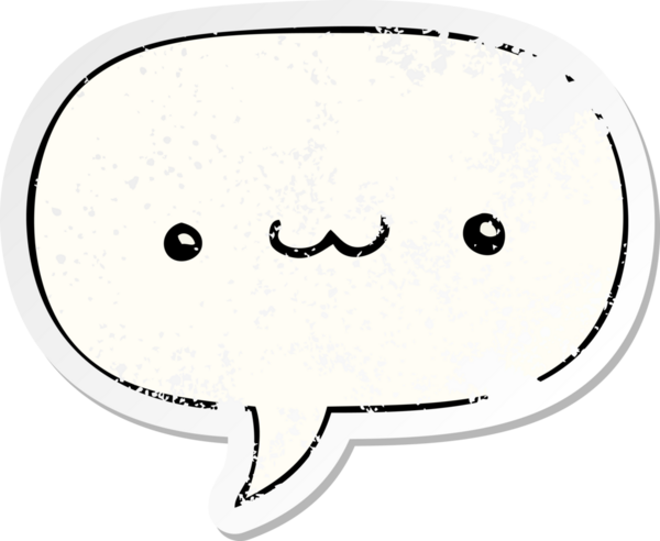 Konuşma baloncuğu olan mutlu çizgi film ifadesi bir insan tarafından çizilmiş sıkıntılı eski bir çıkartma